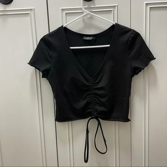 Shein Black Cropped Drawstring Ruched Tee, Size M - Picture 2 of 6